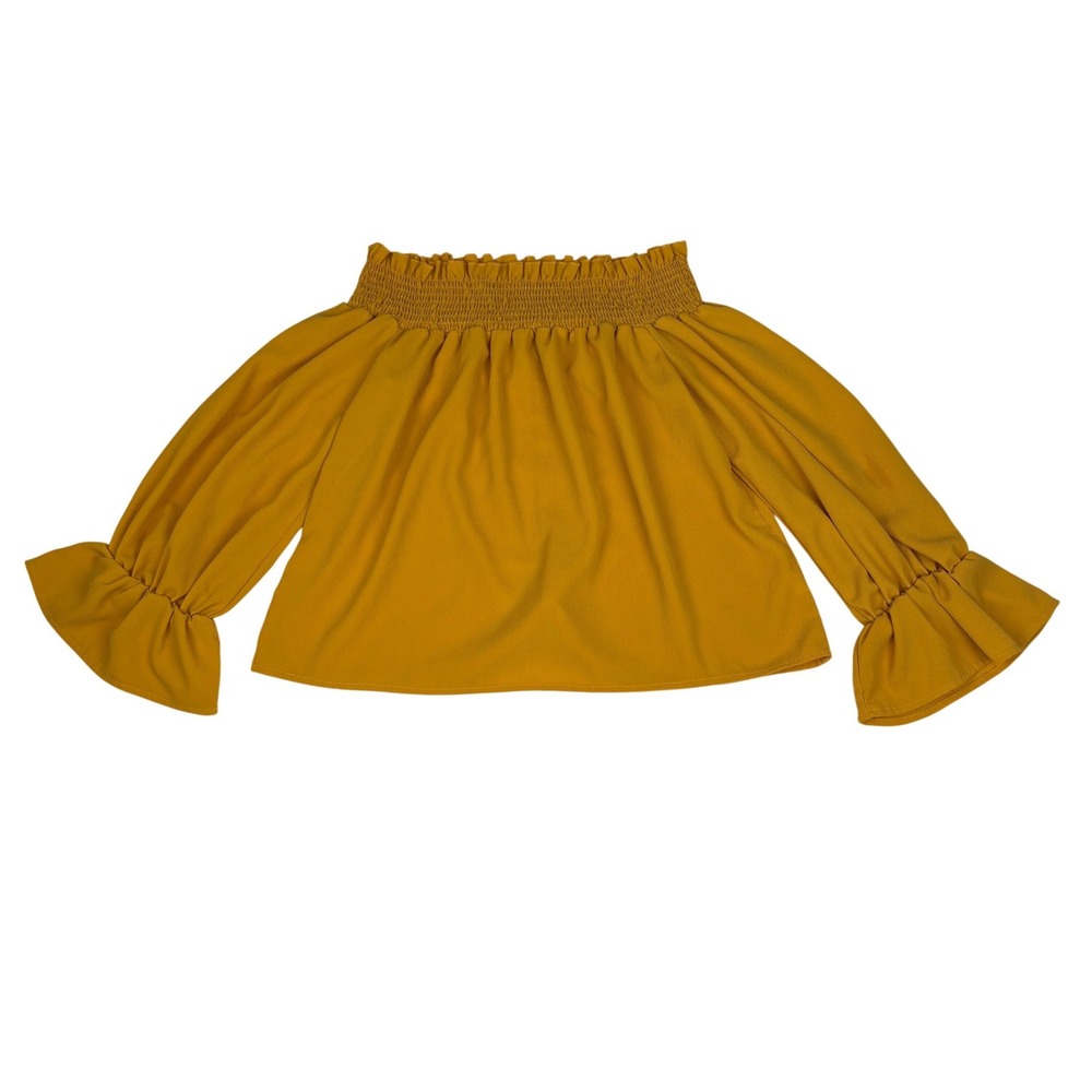 Andthewhy Off The Shoulder Smocked Bell Sleeve‎ Blouse Small Mustard Yellow - Picture 4 of 10